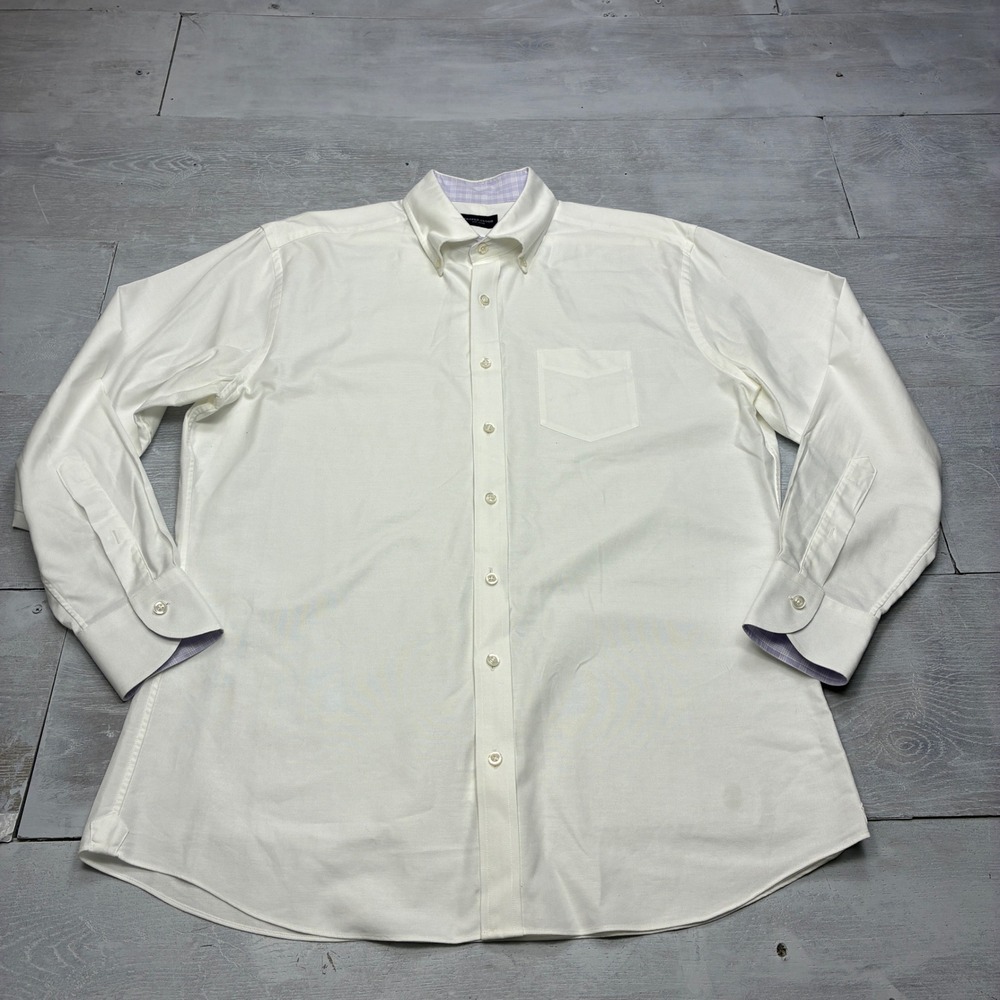 Proper Cloth Oxford Shirt Mens 17.5 White Cotton Button Down Purple Plaid Trim